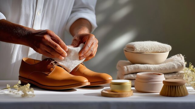 Adult male polishes leather shoes with cloth in elegant shoe care setup
