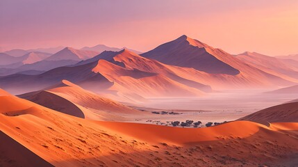 Naklejka premium Glowing orange dune field under pastel pink sky with long misty shadows
