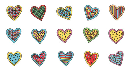 Vibrant collection of hand-drawn stylized hearts featuring diverse patterns, perfect for expressing love and joy in creative designs
