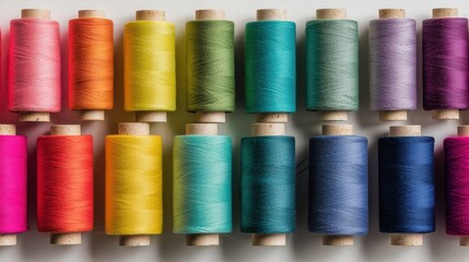 Colorful spools of sewing thread arranged neatly showcasing vibrant hues in a creative studio setting