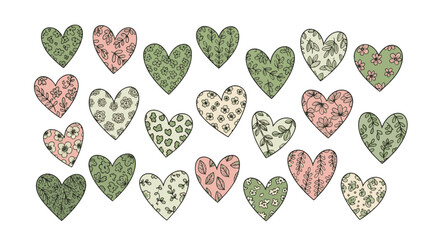Floral Hearts of Affection: A collection of intricately patterned heart-shaped illustrations, each adorned with a unique floral design, conveying sentiments of love, care, and gentle emotions. 