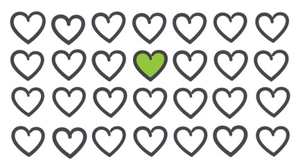 Distinguished Heart: A vivid green heart stands out among a collection of gray hearts, symbolizing uniqueness, individuality, and being exceptional.