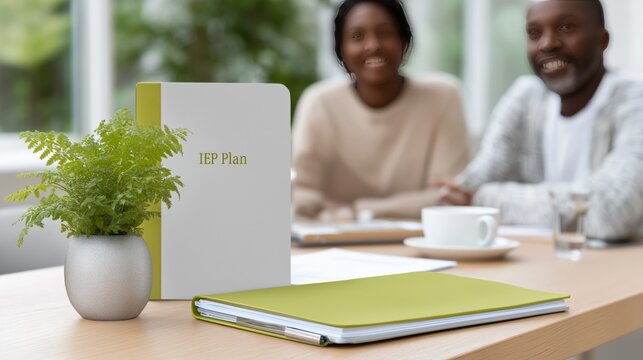 African adult couple discussing iep plan over coffee in modern office setting