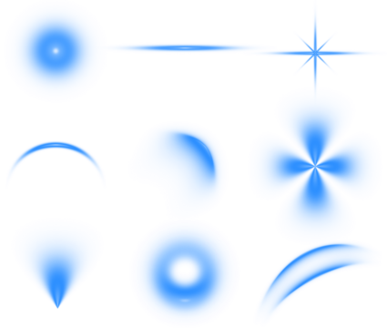 Collection of blue light effects and abstract shapes isolated on transparent background