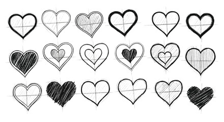 Hand-drawn heart sketches with diverse patterns, perfect for expressing love, romance, and heartfelt design concepts