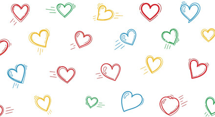 Vibrant collection of hand-drawn heart illustrations creating a cheerful and affectionate pattern design on white background