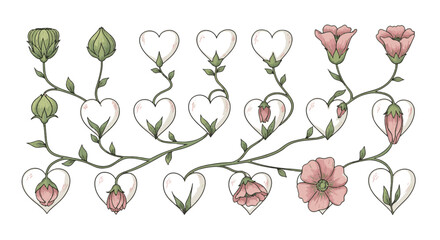 Illustration of plant growth from bud to bloom, entwined with heart shapes, symbolizing love, nature, and life's journey