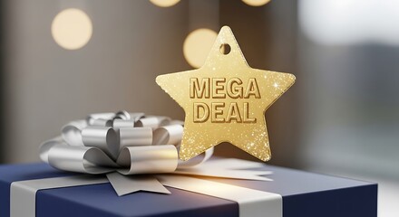 A golden star ornament with the words 'Mega Deal' is attached to a wrapped gift with a silver ribbon.
