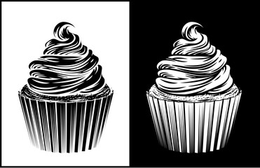 A hand drawn woodcut style cupcake cake with swirled frosting Ideal for bakery branding, dessert menus, packaging, or retro food illustrations with classic charm.