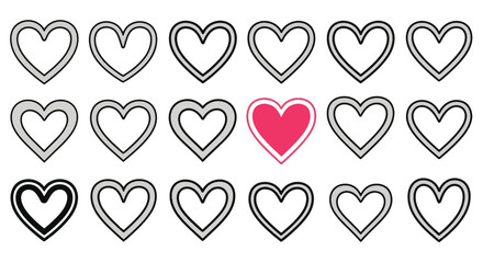 Vibrant pink heart icon prominently standing out amidst a uniform collection of outlined grey hearts, symbolizing unique love and individuality