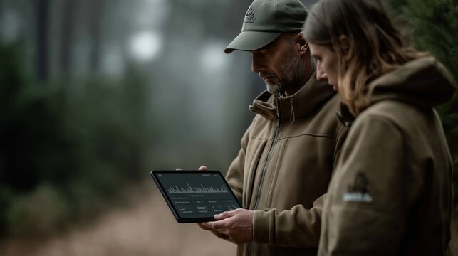 Caucasian adults analyzing data on tablet in forested area - Powered by Adobe