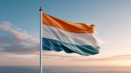Ivory coast flag waving at sunrise over scenic horizon