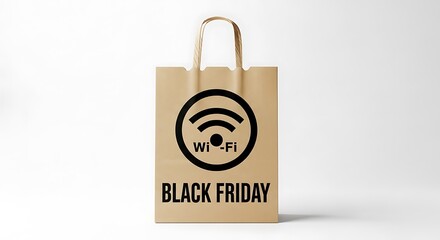 A shopping bag with a Wi-Fi symbol and 'Black Friday' text suggests online shopping and deals.