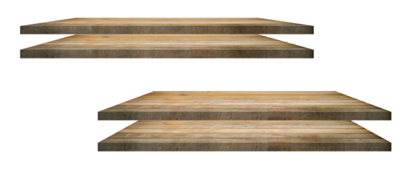 photograph of multiple stacked horizontal rustic wooden plank surfaces, designed to serve as empty display shelves or tabletops, suitable for product placement and mockups, isolated on black.