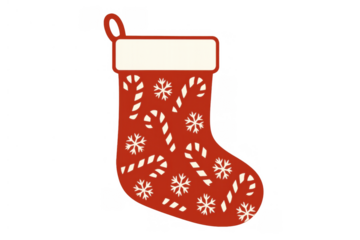 Christmas stocking featuring red fabric with white candy canes and snowflakes pattern on transparent background