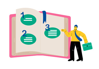 Business man with manual book or guide instruction for user. Flat vector illustration isolated on white background