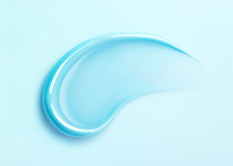 Soft blue lip gloss swatch on pastel background. Close-up of liquid lipstick, glossy texture, horizontal flatlay. Professional studio light