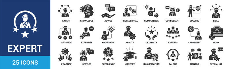 Expert icon set. Containing advice, competence, expertise, knowledge, skill, specialist, experience and more. Glyph vector icons collection.