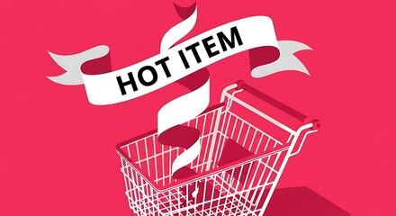 A shopping cart is filled with a "hot item" concept as a ribbon banner floats above it.