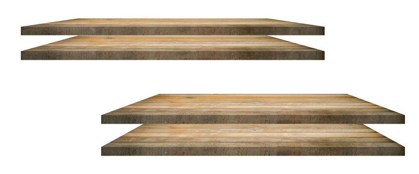 photograph of multiple stacked horizontal rustic wooden plank surfaces, designed to serve as empty display shelves or tabletops, suitable for product placement and mockups, isolated on black.