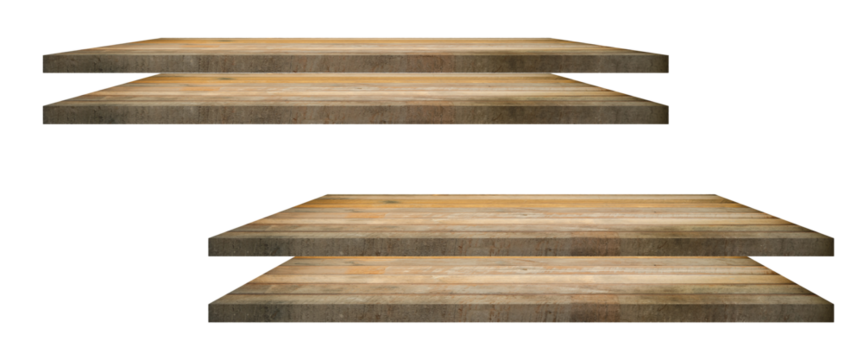 photograph of multiple stacked horizontal rustic wooden plank surfaces, designed to serve as empty display shelves or tabletops, suitable for product placement and mockups, isolated on black.