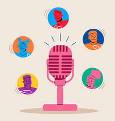 Podcasting popularity and online podcast recording. Colorful vector illustration