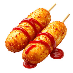 Delicious korean corn dogs drizzled with ketchup on sticks ready to eat