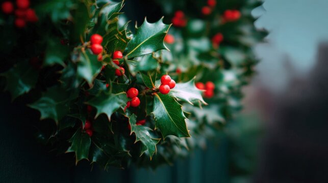 Close-up of a holly plant with bright red berries. the plant has large, dark green leaves that are arranged in a cluster.