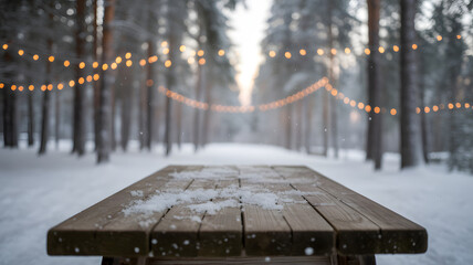 Wooden picnic table covered in snow with fairy lights strung between trees in a forest