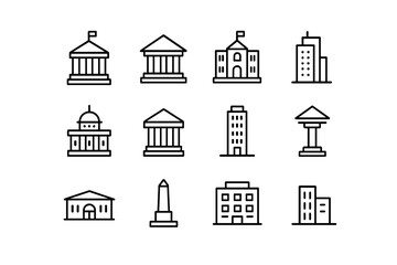 Various Buildings Icons Set in Outline Style