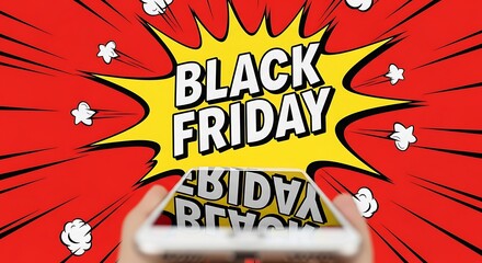 A person holds a smartphone displaying the "Black Friday" sale announcement, reflecting a vibrant comic book-style background.