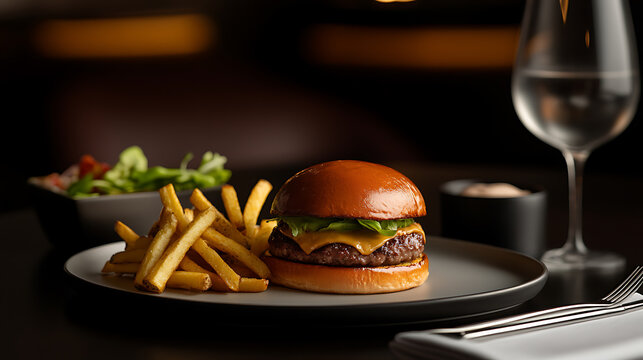 A gourmet hamburger sits on a dark plate with golden fries, accompanied by a fresh salad and water, lit dramatically for upscale dining. The burger is the focal point of the scene. - Powered by Adobe