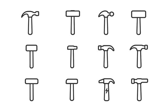 Set of Line Drawn Hammer Icons in Grid Layout