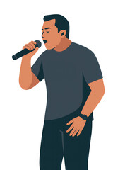 Flat vector illustration of male singer on dark stage holding microphone wearing printed t-shirt minimalist modern design isolated for creative use