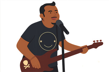 Stage Performance of a Plus-Sized Male Bassist Singing into Microphone Wearing Smile Emoji Black T-Shirt