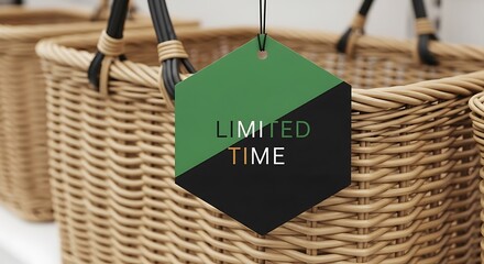 A hexagonal tag reading "LIMITED TIME" hangs in front of woven baskets, suggesting a special offer or sale.