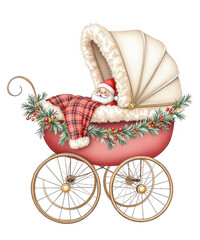 Santa claus baby in a vintage pram decorated with christmas garland and plaid blanket, isolated on transparent background