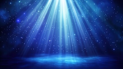 Blue rays of light shining background night sky.