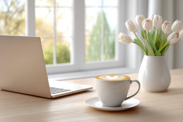 Bright minimalist home office scene with wooden desk and laptop for modern workspace design