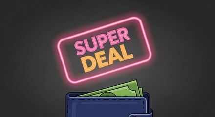 Wallet filled with cash is shown with a bright neon sign displaying 'Super Deal' promoting a sale event.