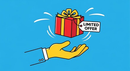 Hand presenting a red gift box with a "Limited Offer" tag against a vibrant blue background with radiating lines.
