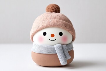 Cute plush snowman toy with cotton hat and scarf on white background for winter decor