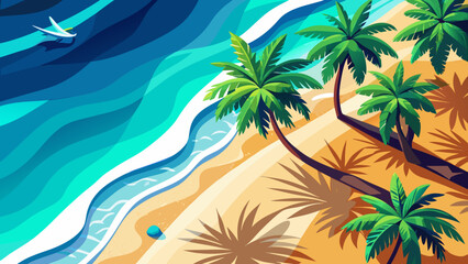 Very beautiful aerial minimalist beach landscape viewed from a drone, showing palm shadows on white sand beside clear turquoise sea with soft ripples and waves, perfect exotic summer banner scene.