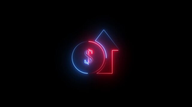 Neon Dollar sign inside a circle with an upward arrow color saber effect animation on black background.