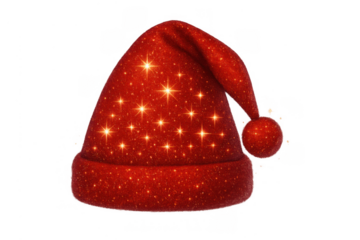 Red sparkly santa hat with glowing stars, christmas celebration, festive holiday season symbol, transparent background