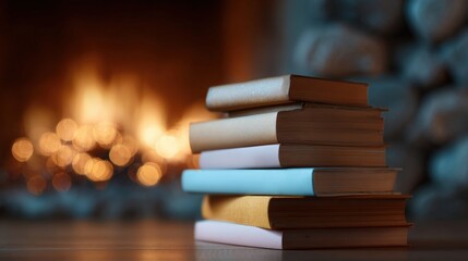 Stack of books on a wooden table in front of a fireplace. the books are of different colors - brown, blue, and white - and are arranged in a neat stack.