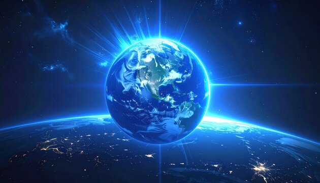 Glowing planet Earth surrounded by cosmic light in dark space