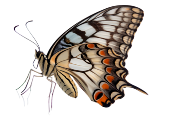 Colorful butterfly, with intricate wing patterns and delicate antennae, cutout, PNG isolated on white or transparent background