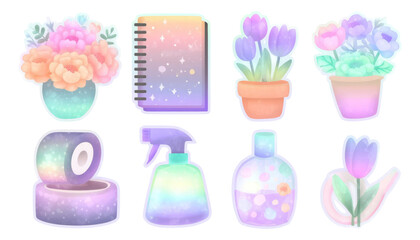 Obraz premium Colorful Pastel Illustrations of Flowers, Notebooks, and Stationery Items on Transparent Background