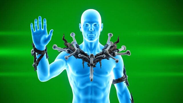 Bionic Man Hologram Displaying Futuristic Bone Armor Against Vibrant Green Screen Background with Subtle Lens Flares